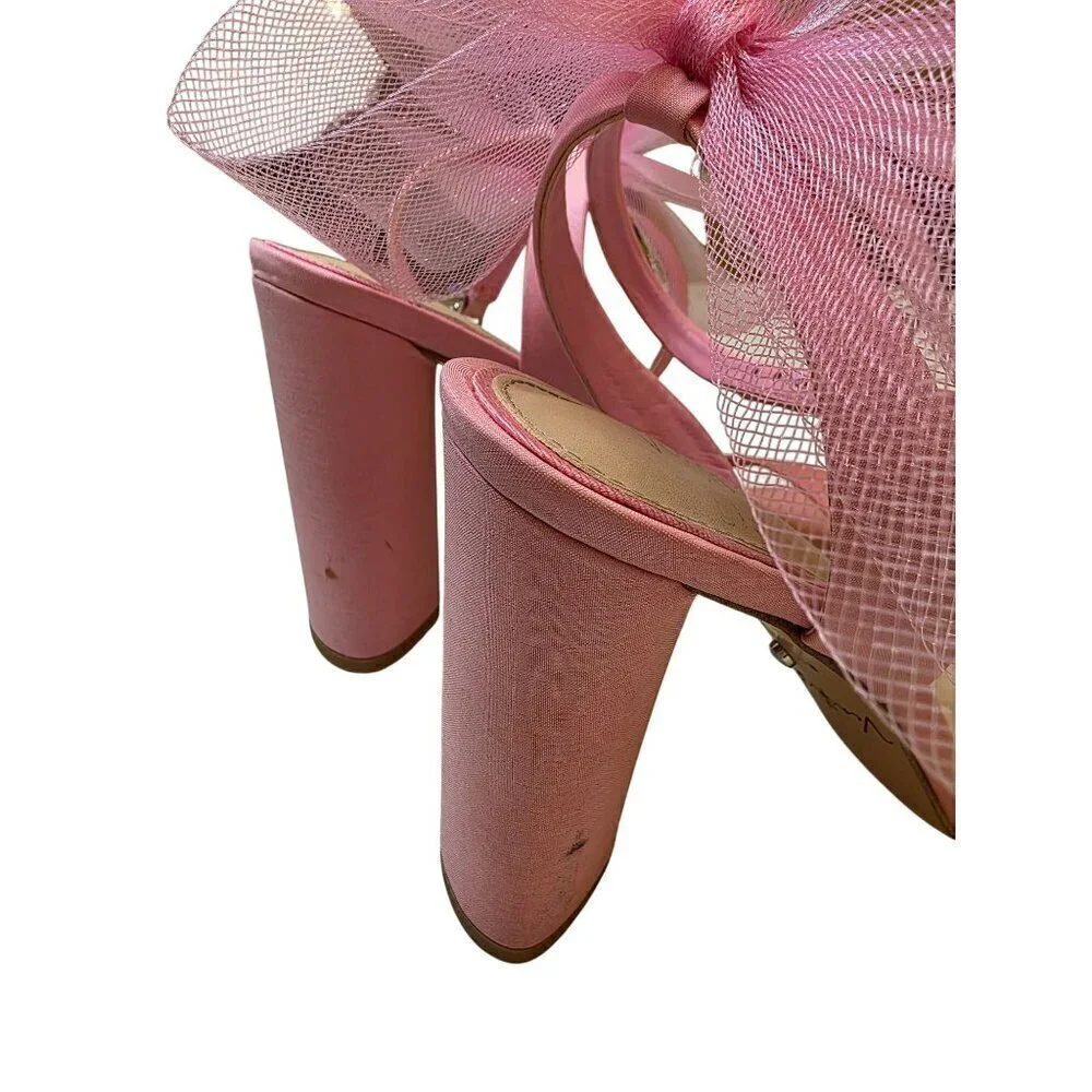 Pink Heeled Sandals With Large Tulle Bow Accent & Adjustable‎ Ankle Strap - Picture 6 of 16